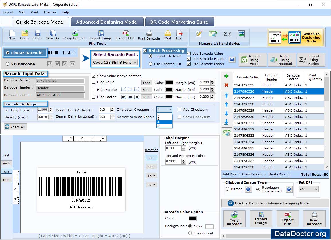 Select Barcode Technologies and Barcode Type