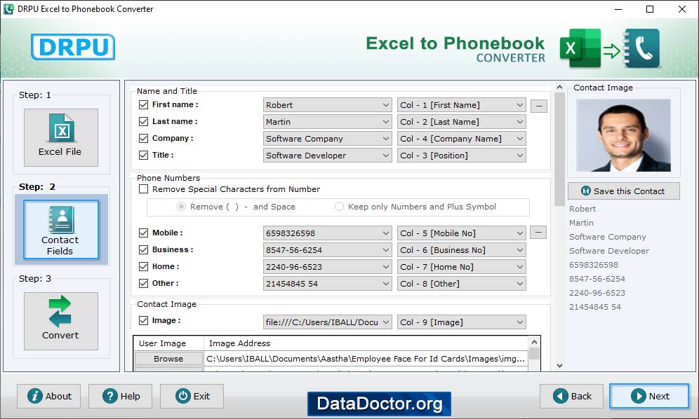 Select various contacts fields