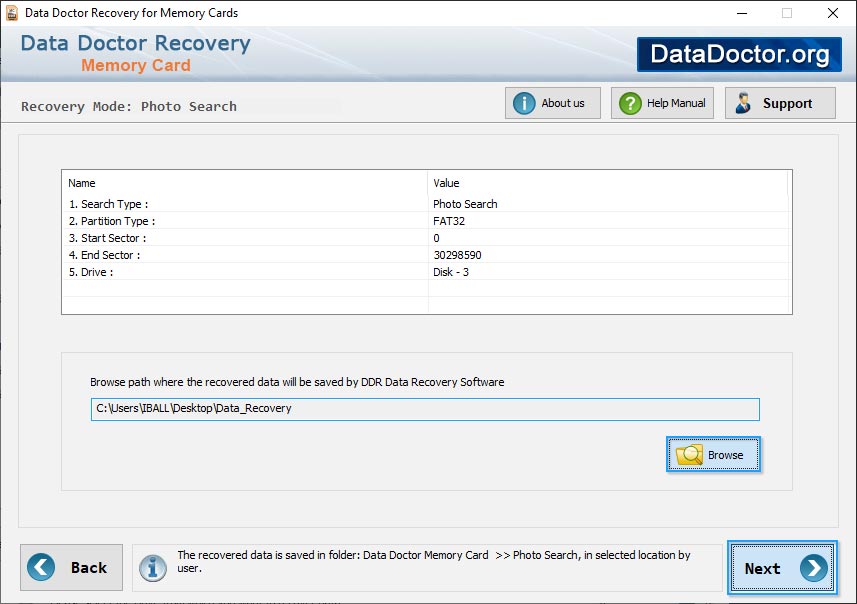 Browse path to save recovered data