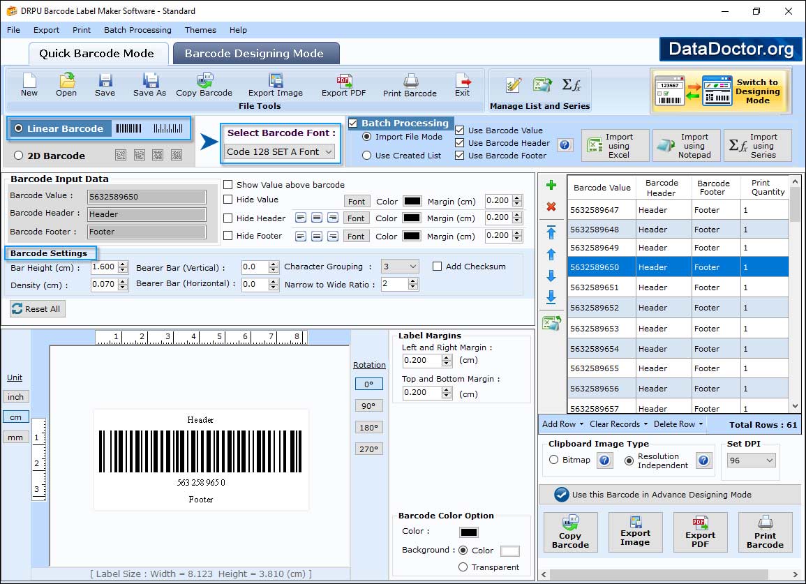 Select Barcode Technologies and Barcode Type